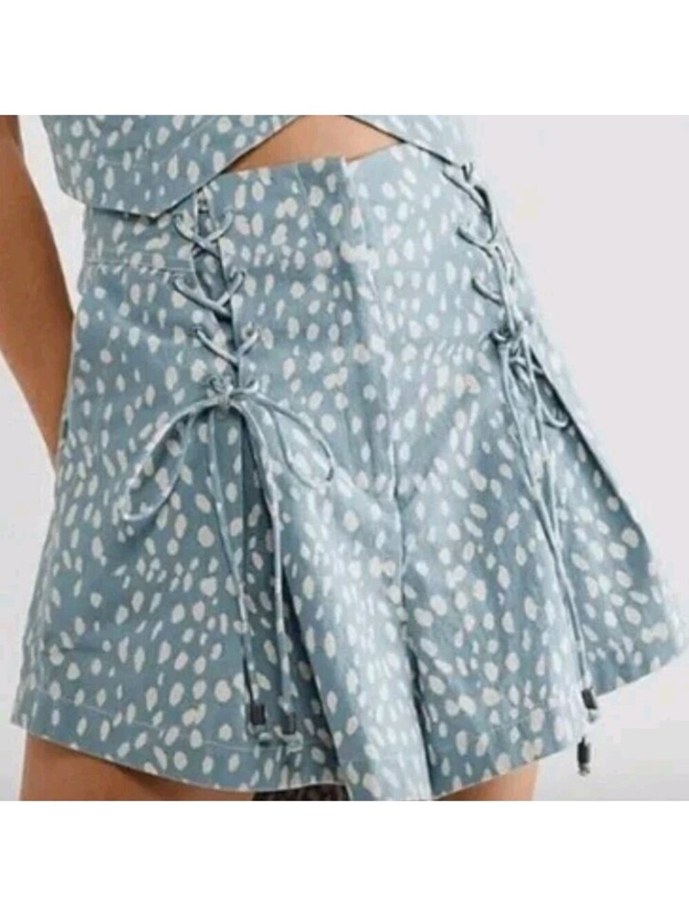 Free People Size 12 Blue Spotted Bennet Cotton Shorts Tie Details Pleated